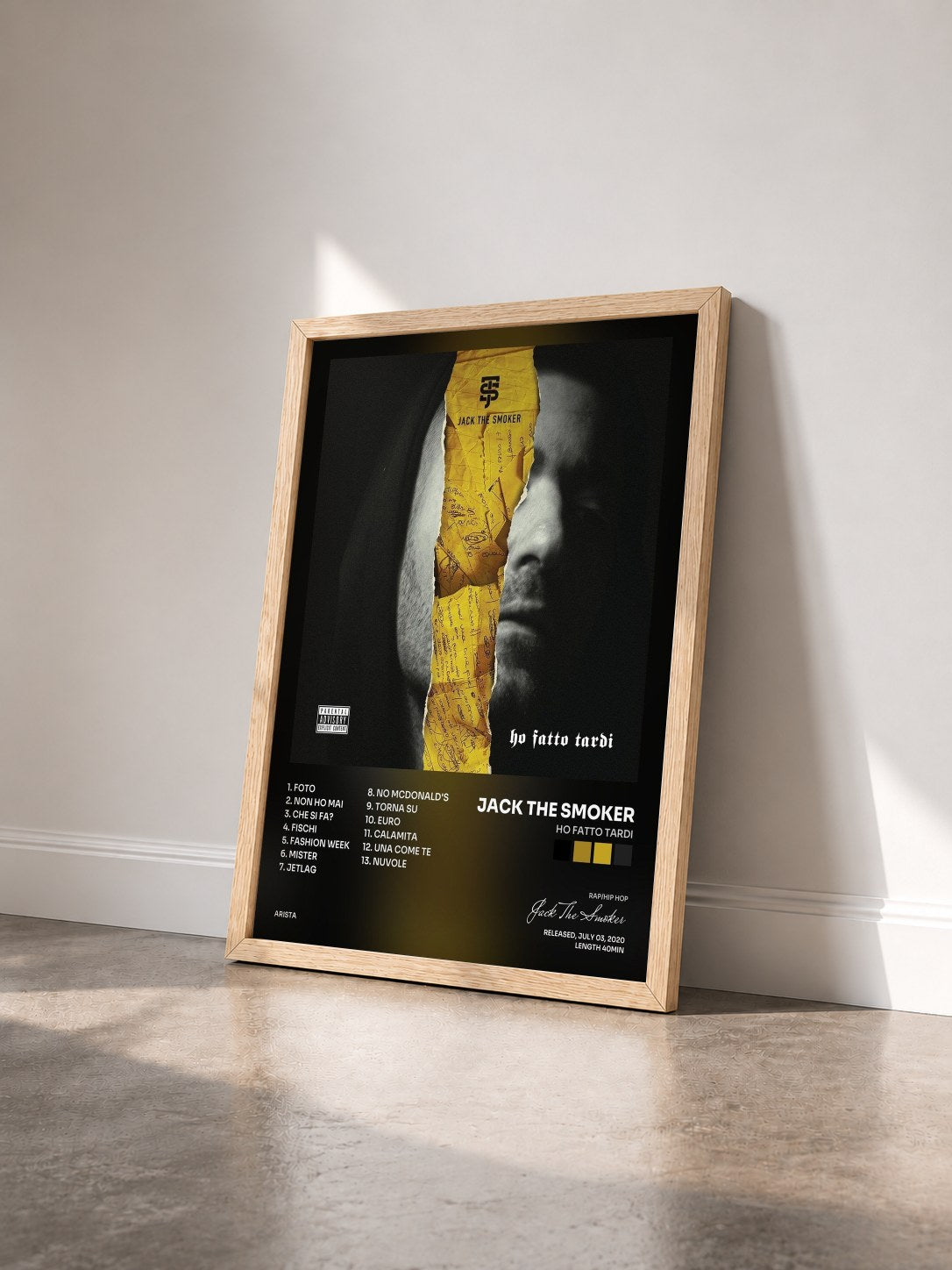 #bois Tableau de l'album Ho Fatto Tardi de Jack The Smoker vu de trois quarts, cadre en bois brut