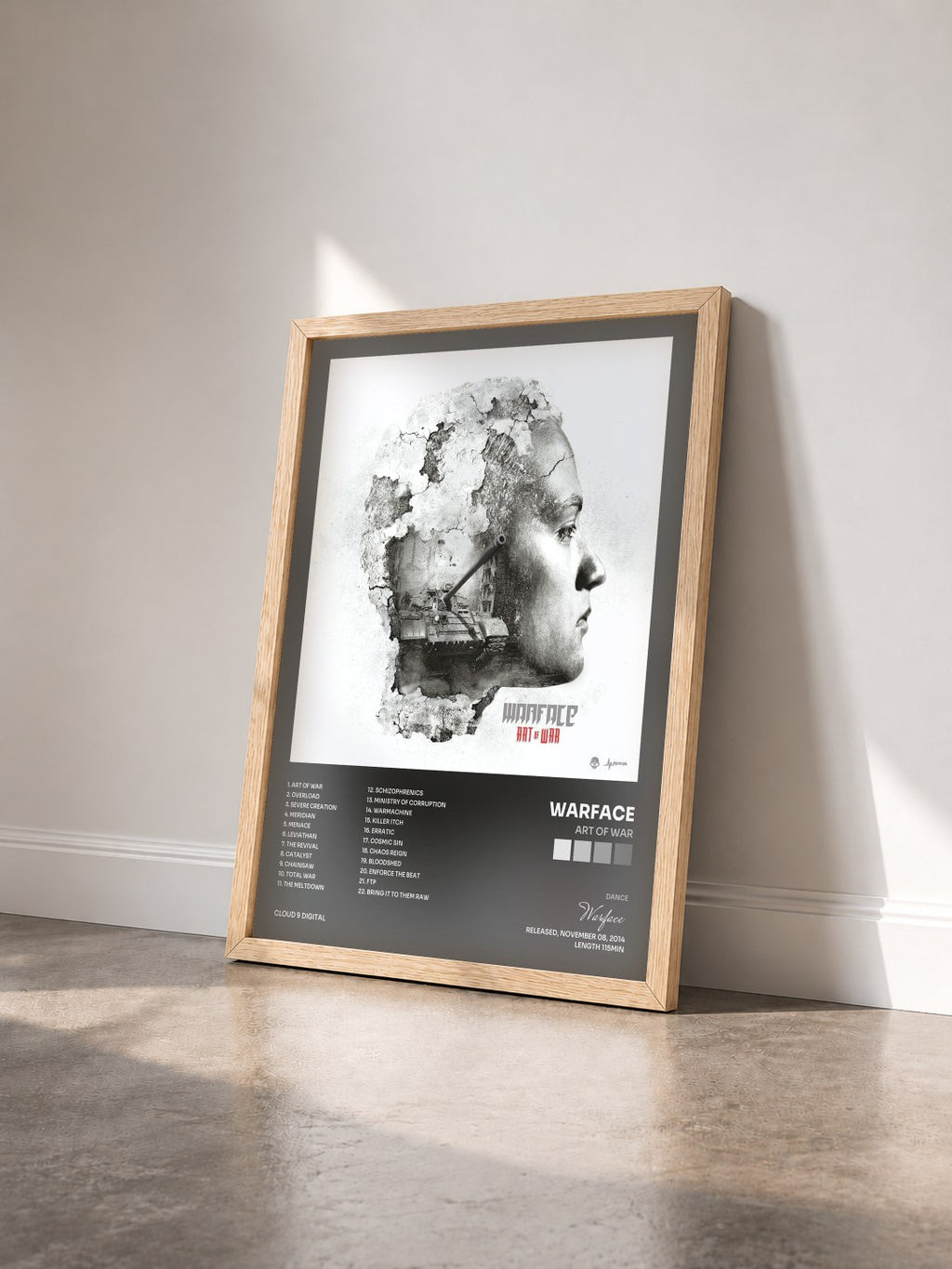 #bois Tableau de l'album Art Of War de Warface vu de trois quarts, cadre en bois brut