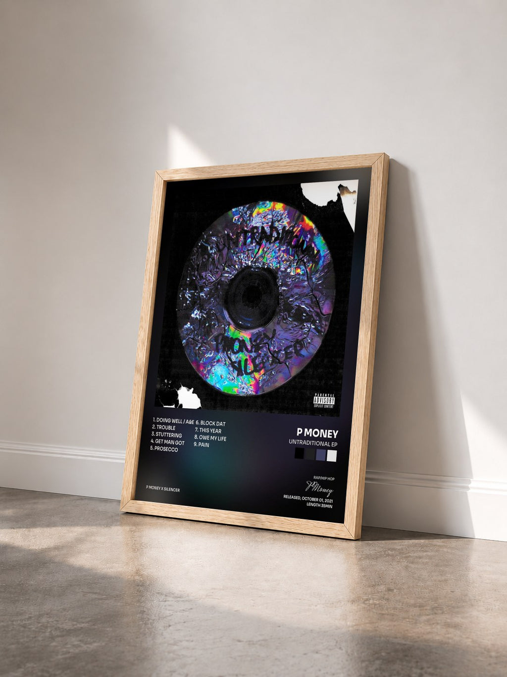 #bois Tableau de l'album Untraditional EP de P Money vu de trois quarts, cadre en bois brut