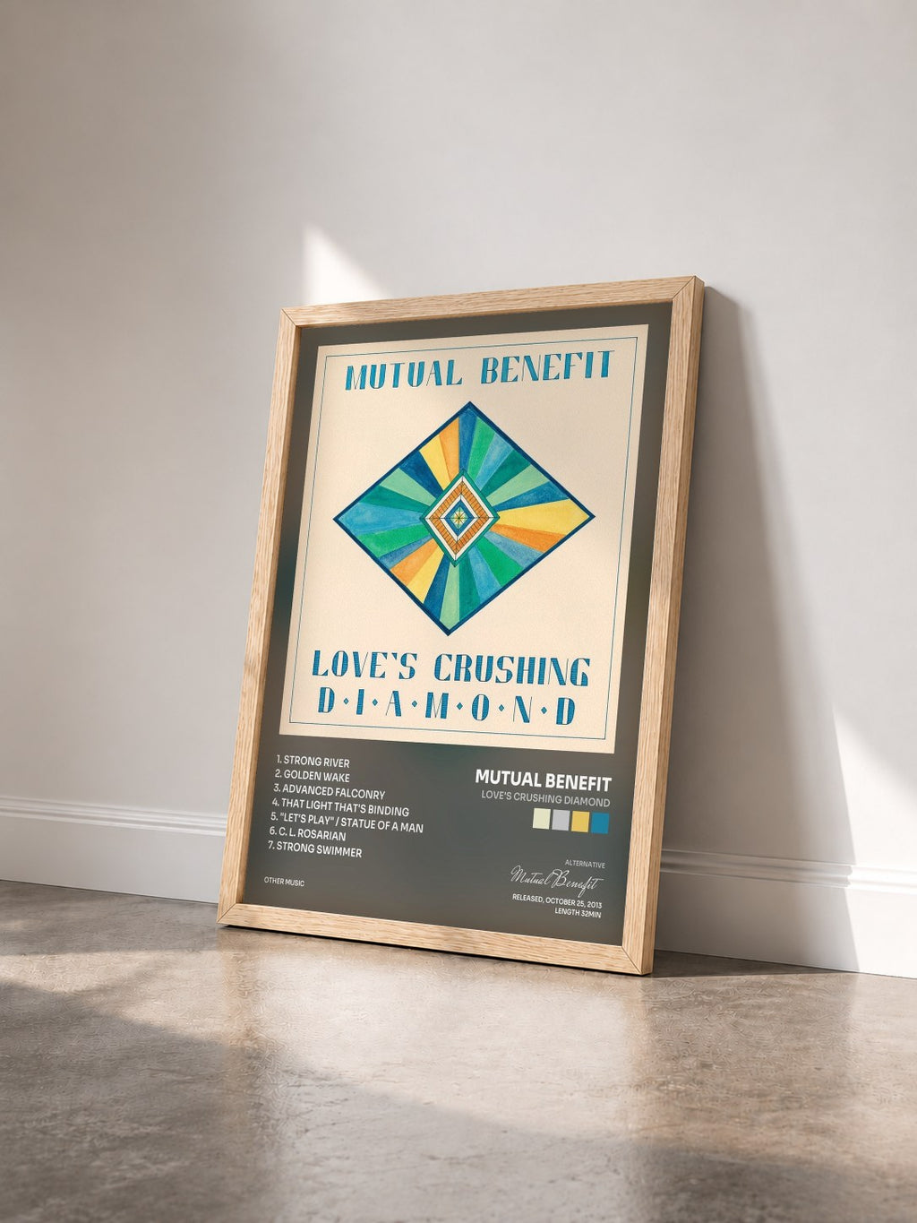 #bois Tableau de l'album Love's Crushing Diamond de Mutual Benefit vu de trois quarts, cadre en bois brut
