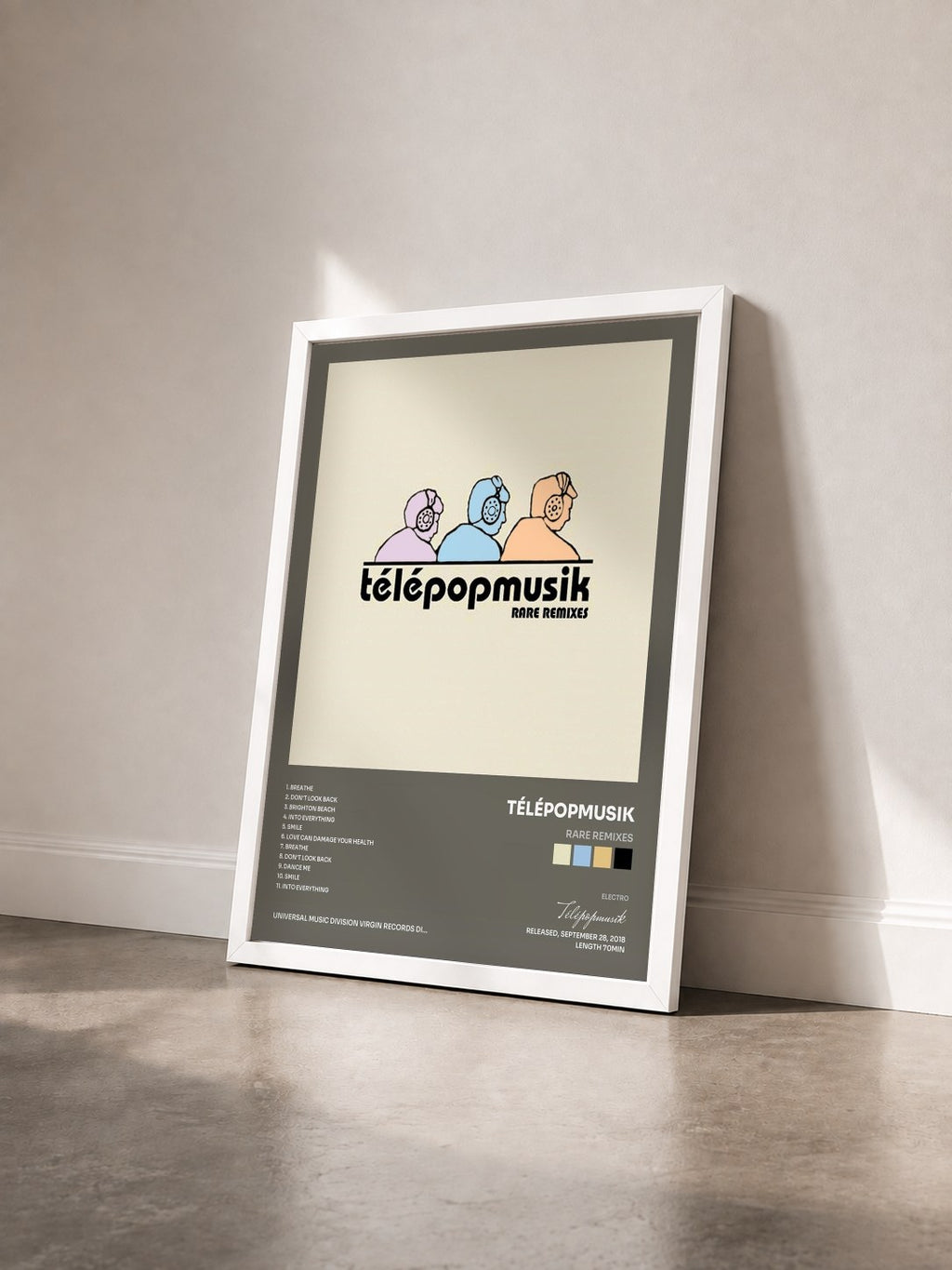 #blanc Tableau de l'album Rare Remixes de Télépopmusik vu de trois quarts, cadre blanc