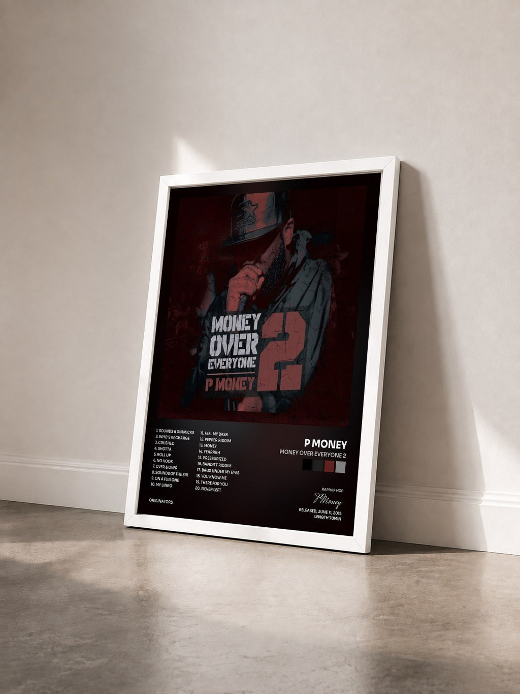 #blanc Tableau de l'album Money Over Everyone 2 de P Money vu de trois quarts, cadre blanc