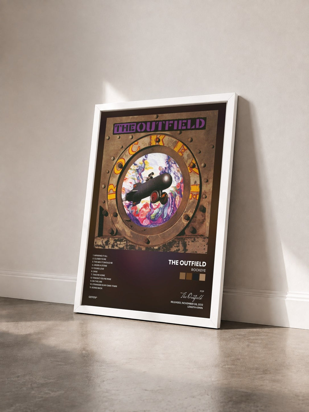 #blanc Tableau de l'album Rockeye de The Outfield vu de trois quarts, cadre blanc