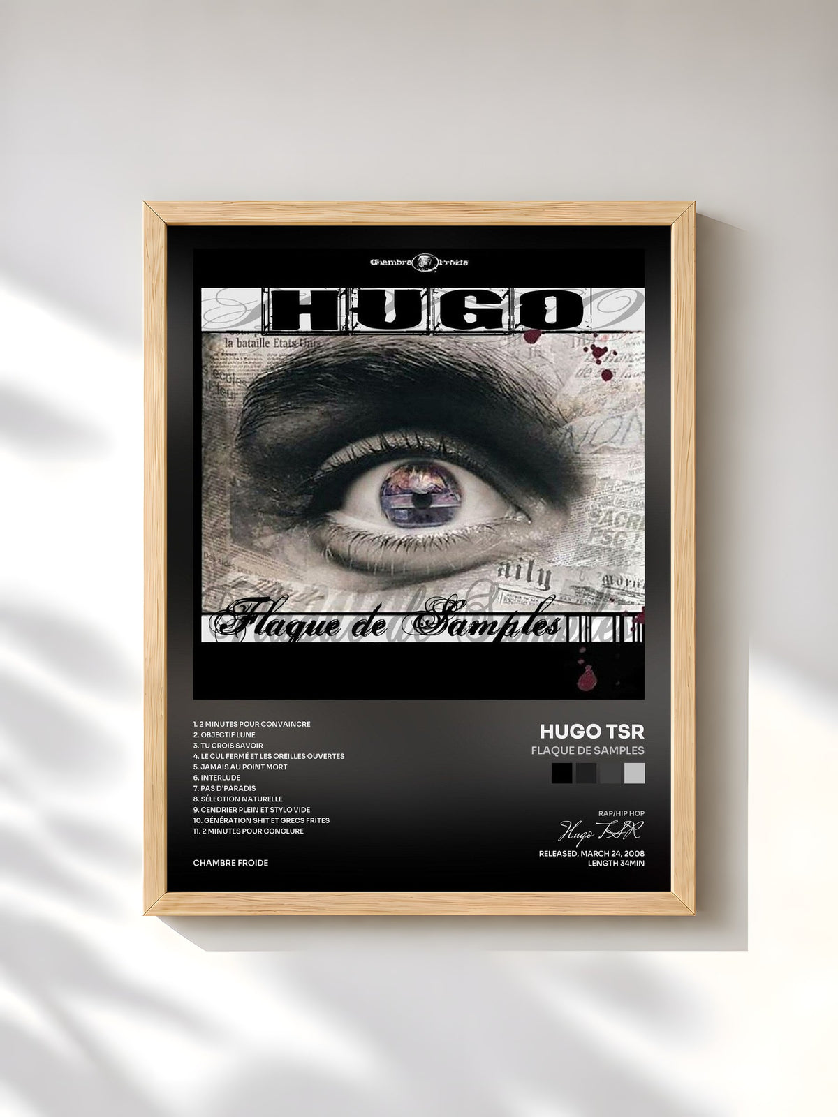 #bois Tableau de l'album Flaque De Samples de Hugo TSR, cadre en bois brut, imprimé et encadré en France