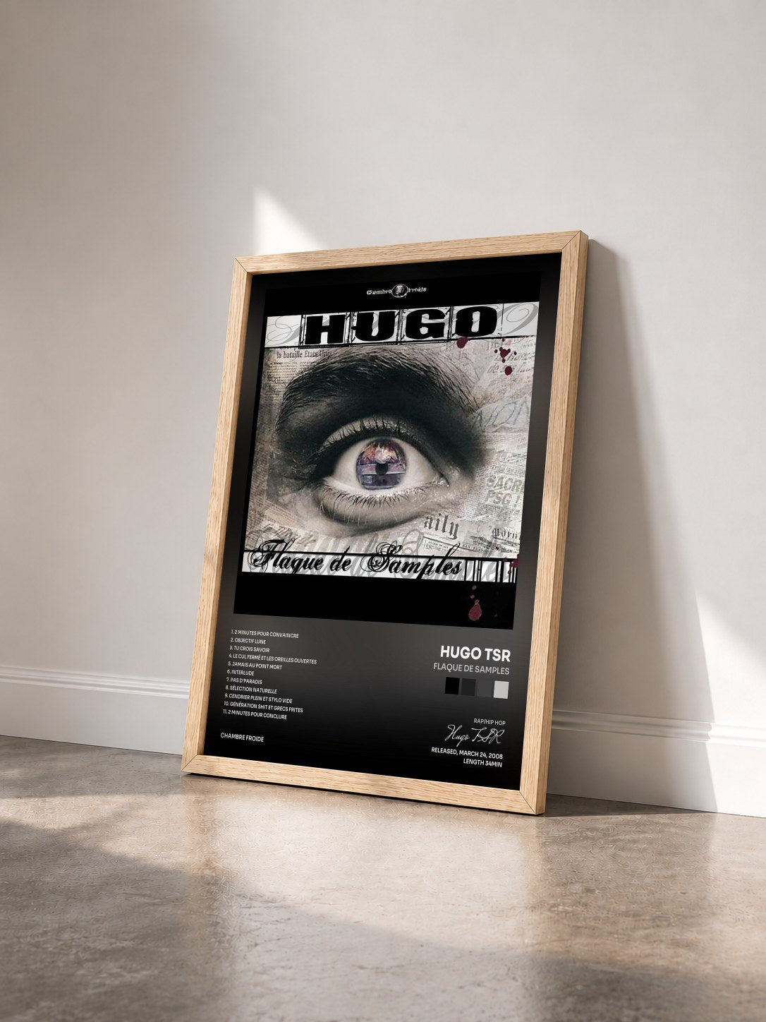 #bois Tableau de l'album Flaque De Samples de Hugo TSR vu de trois quarts, cadre en bois brut