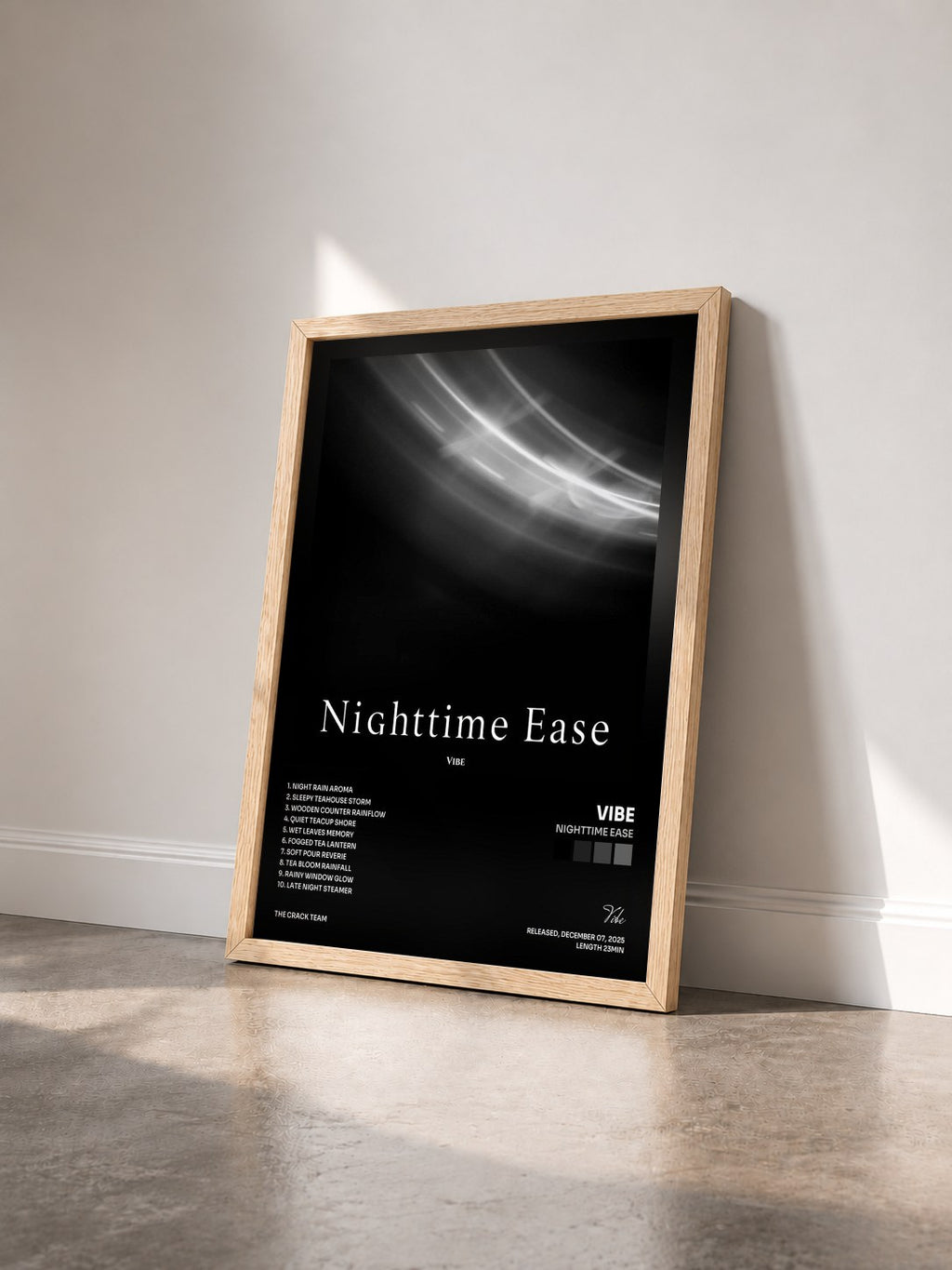 #bois Tableau de l'album Nighttime Ease de Vibe vu de trois quarts, cadre en bois brut