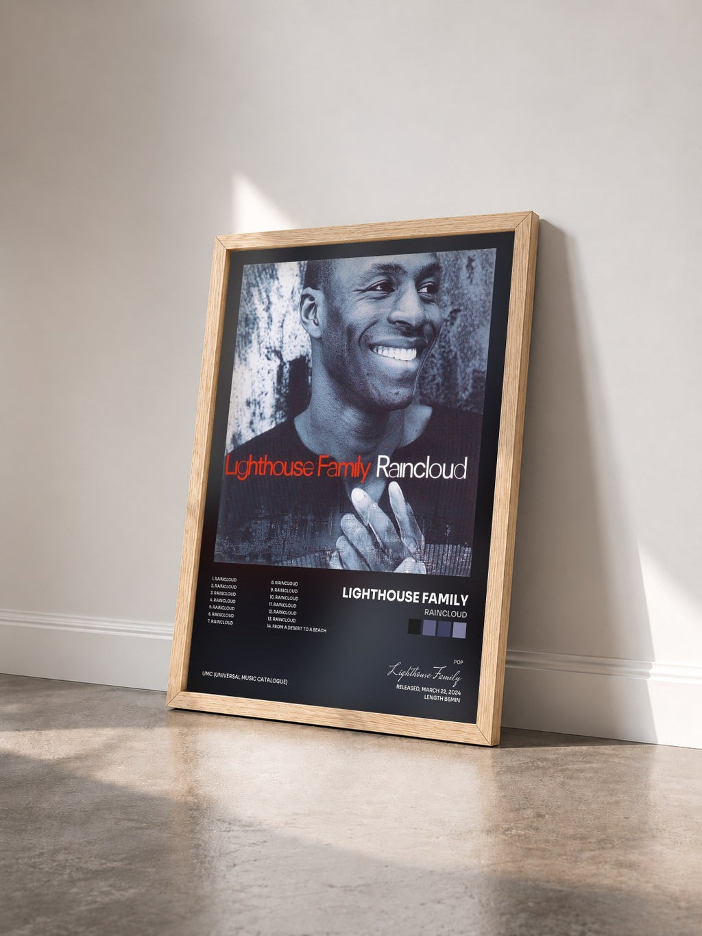 #bois Tableau de l'album Raincloud de Lighthouse Family vu de trois quarts, cadre en bois brut