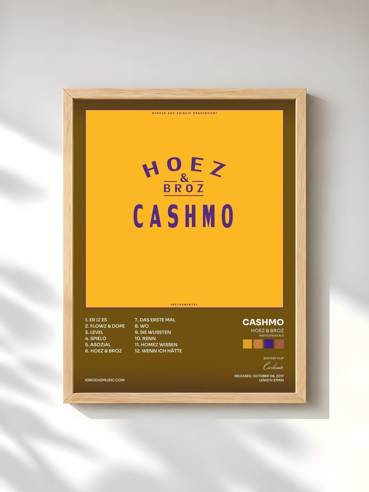 #bois Tableau de l'album Hoez & Broz (Instrumentals) de Cashmo, cadre en bois brut, imprimé et encadré en France