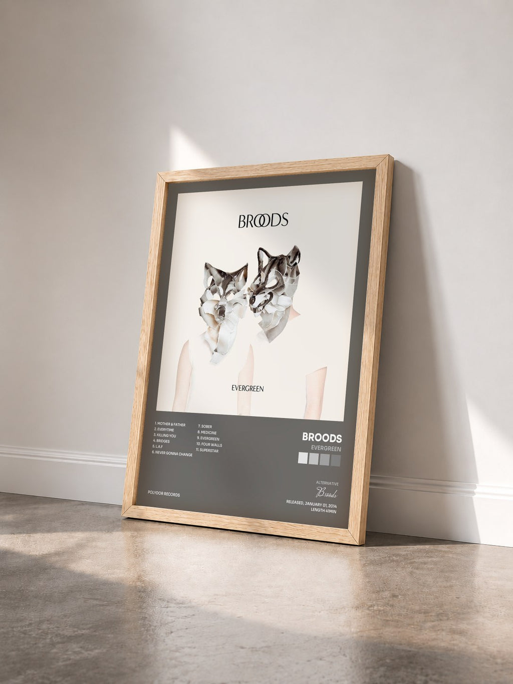 #bois Tableau de l'album Evergreen de Broods vu de trois quarts, cadre en bois brut