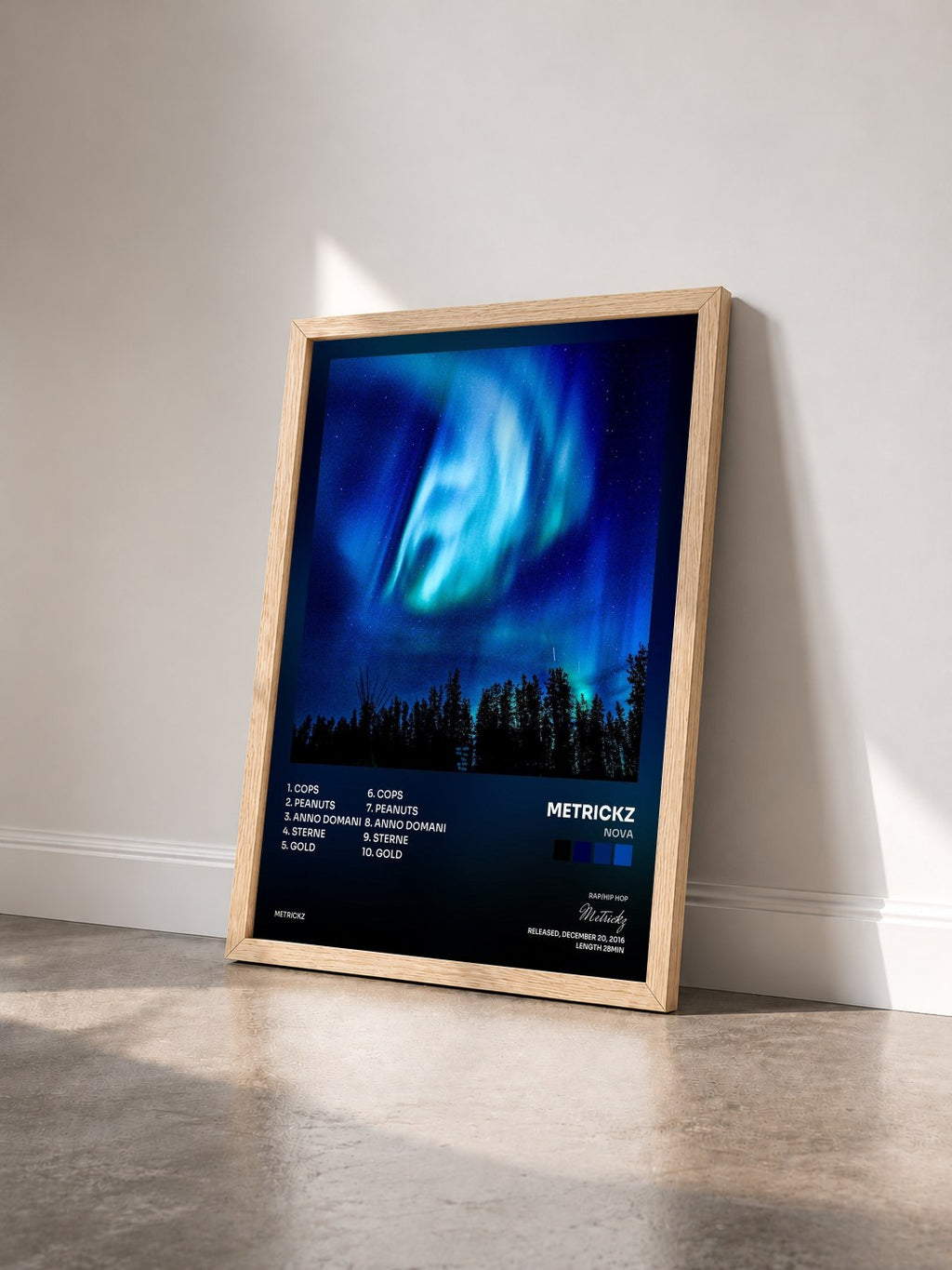 #bois Tableau de l'album Nova de Metrickz vu de trois quarts, cadre en bois brut