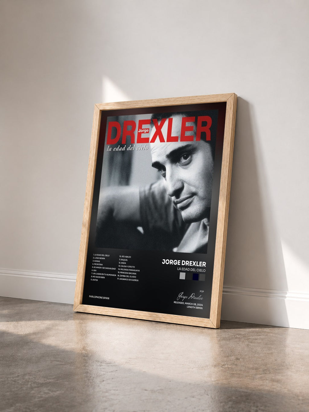 #bois Tableau de l'album La Edad Del Cielo de Jorge Drexler vu de trois quarts, cadre en bois brut