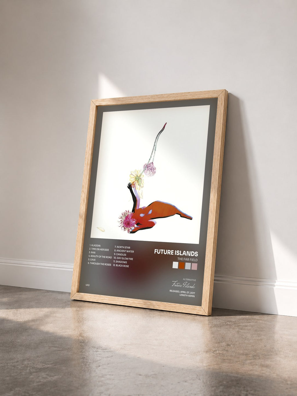 #bois Tableau de l'album The Far Field de Future Islands vu de trois quarts, cadre en bois brut