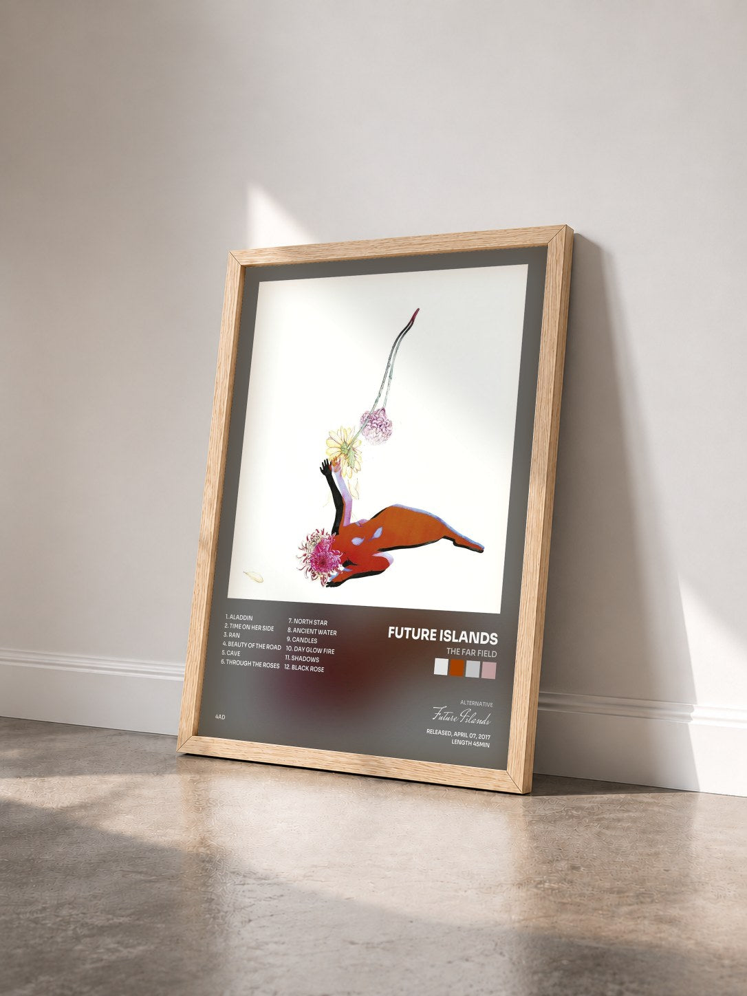 #bois Tableau de l'album The Far Field de Future Islands vu de trois quarts, cadre en bois brut
