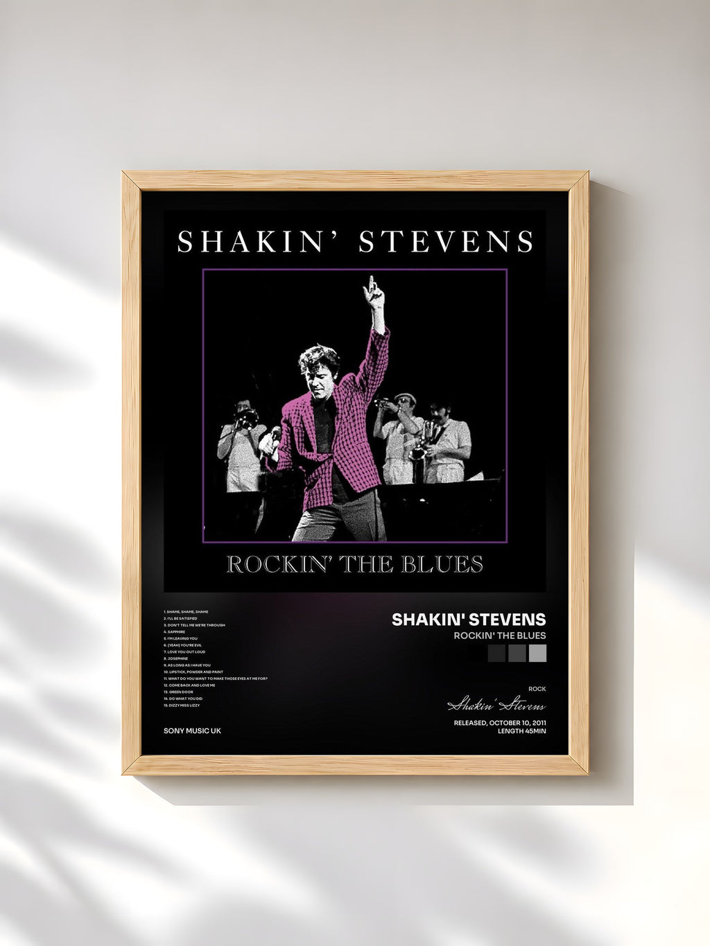 #bois Tableau de l'album Rockin' The Blues de Shakin' Stevens, cadre en bois brut, imprimé et encadré en France