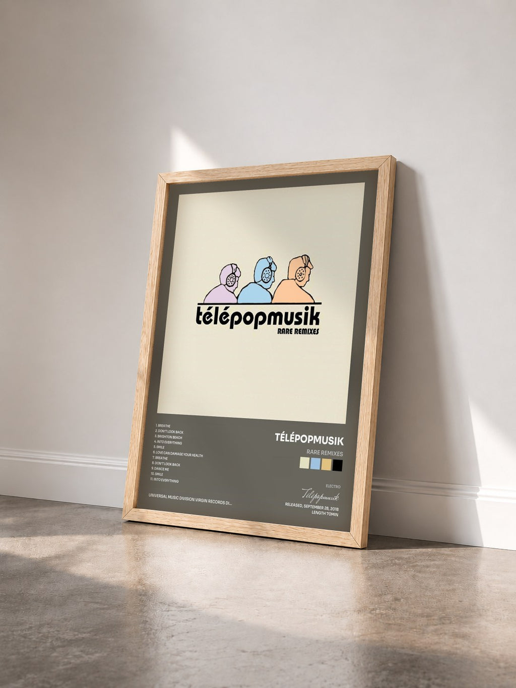 #bois Tableau de l'album Rare Remixes de Télépopmusik vu de trois quarts, cadre en bois brut