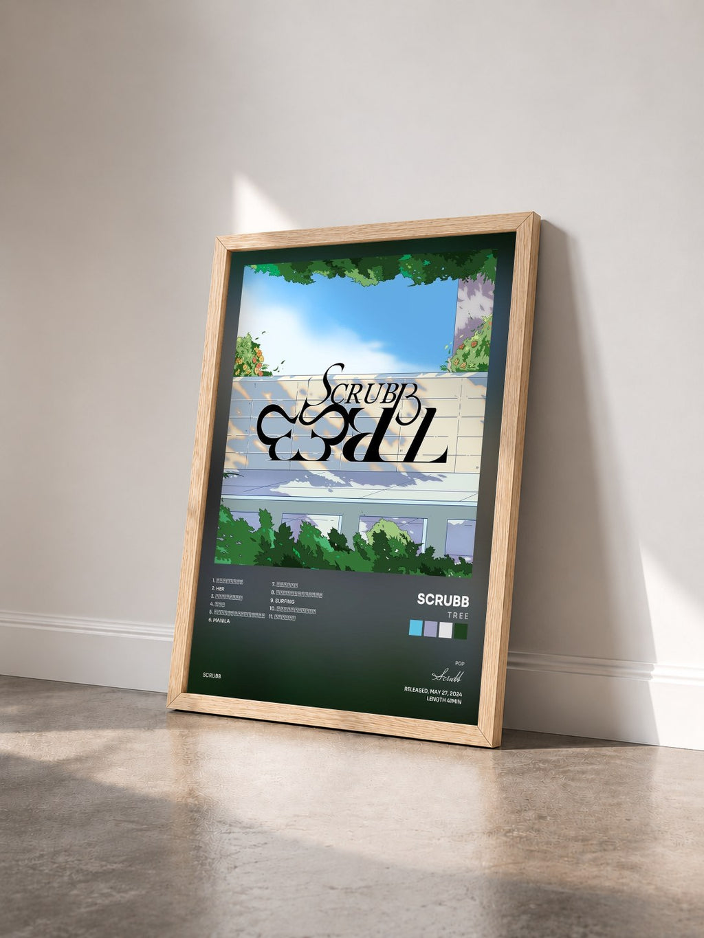 #bois Tableau de l'album T R E E de Scrubb vu de trois quarts, cadre en bois brut