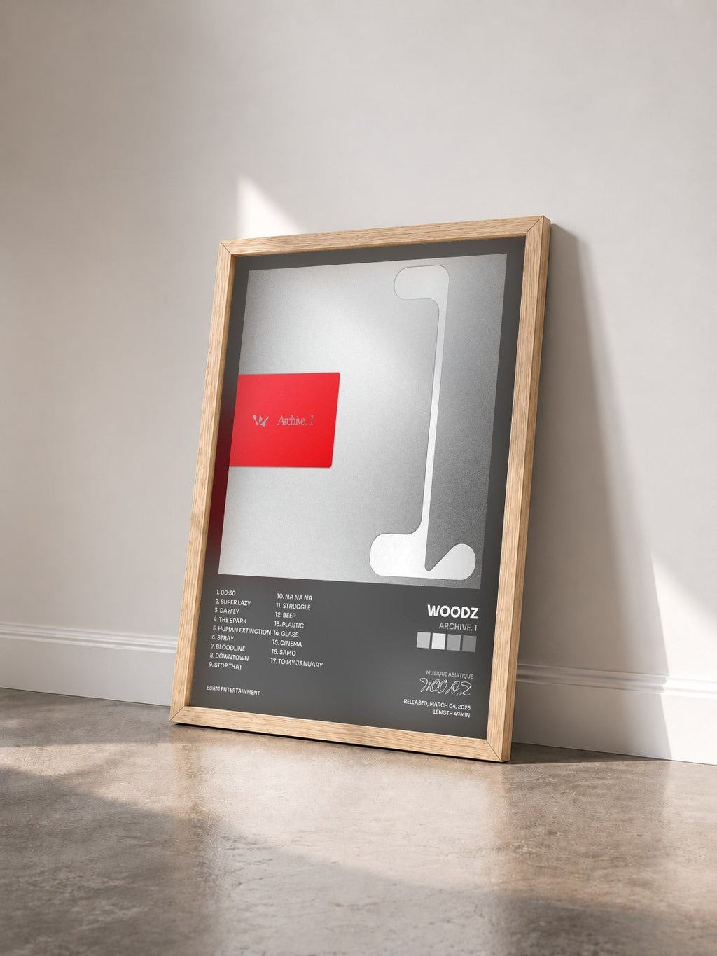 #bois Tableau de l'album Archive. 1 de WOODZ vu de trois quarts, cadre en bois brut
