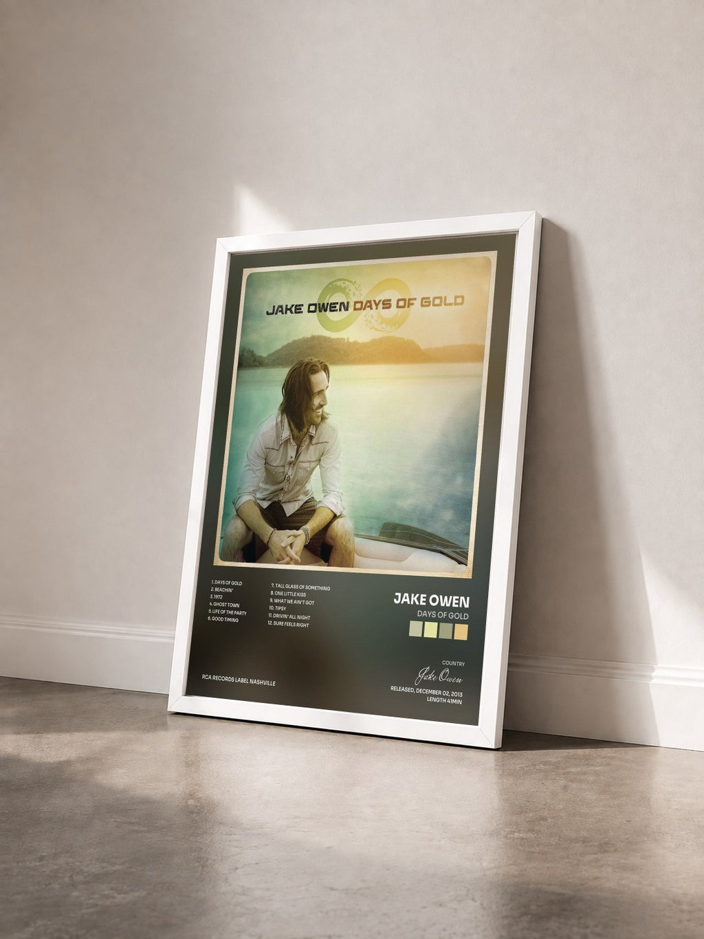 #blanc Tableau de l'album Days of Gold de Jake Owen vu de trois quarts, cadre blanc