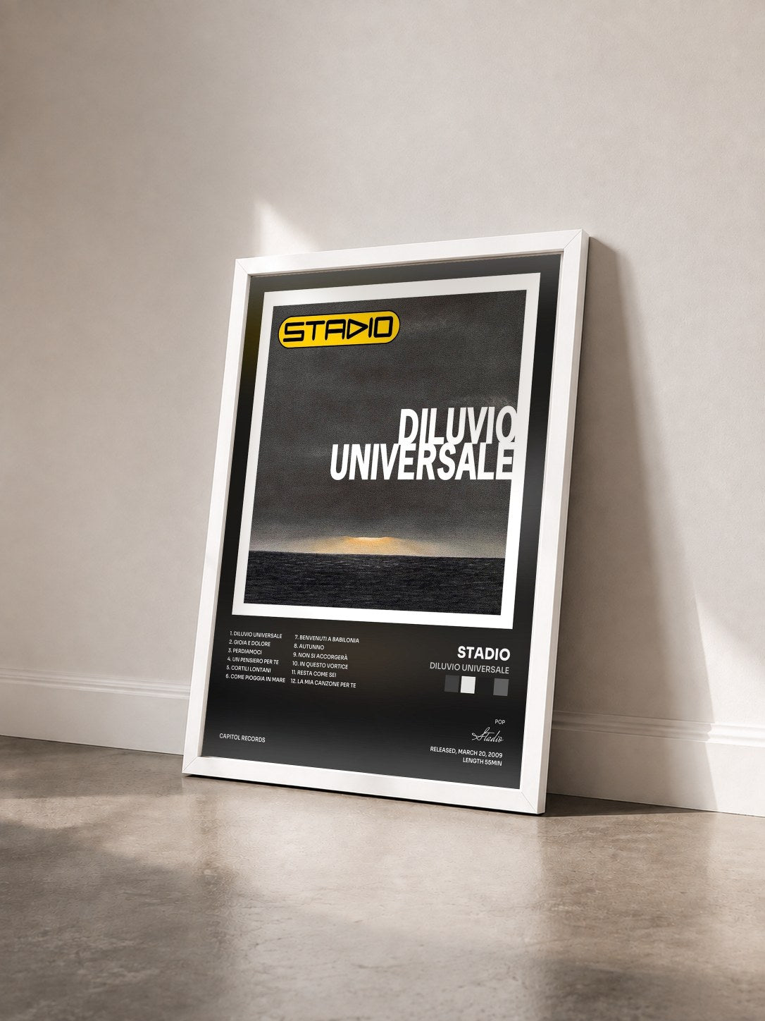 #blanc Tableau de l'album Diluvio Universale de Stadio vu de trois quarts, cadre blanc