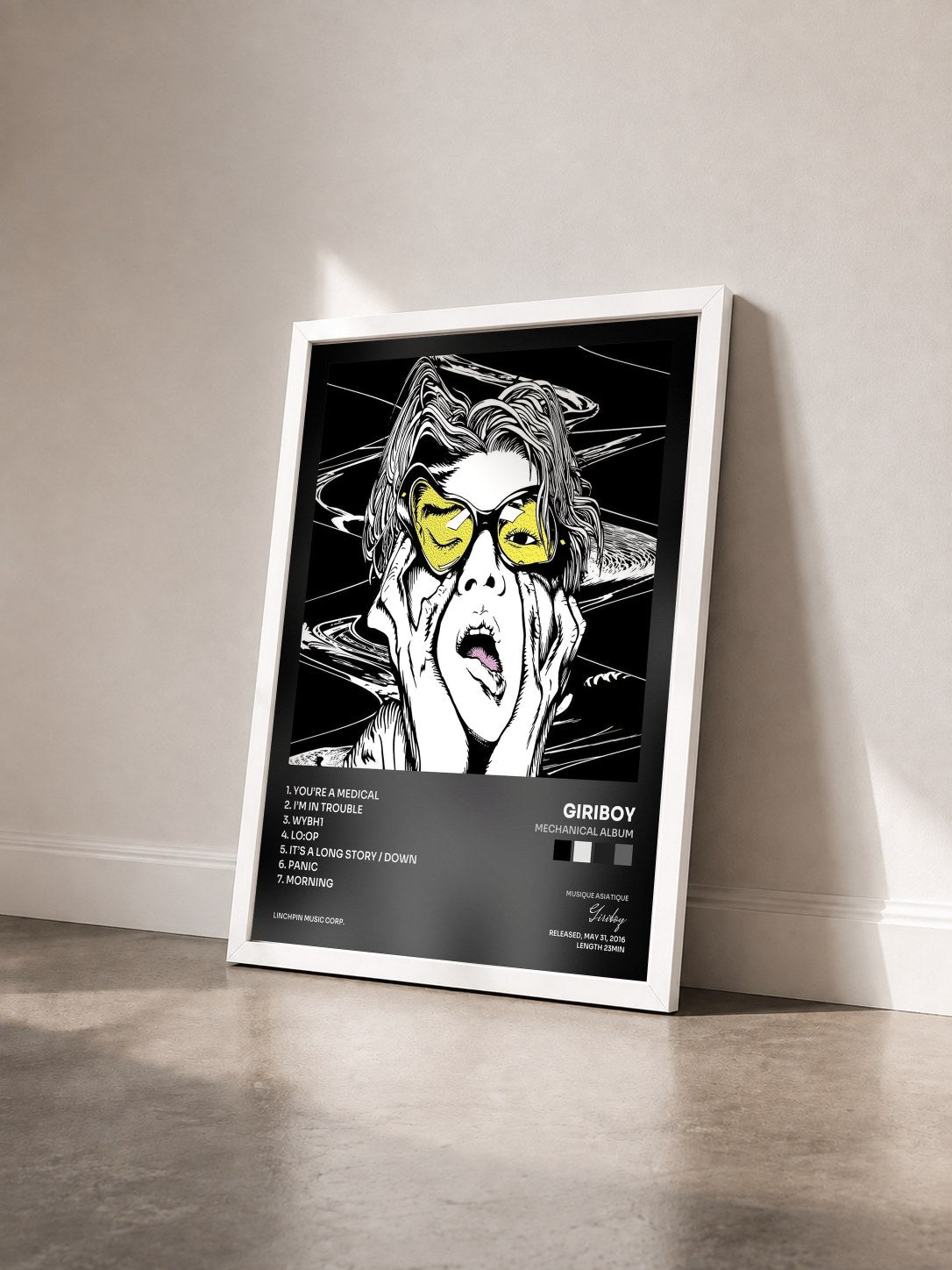 #blanc Tableau de l'album Mechanical Album de Giriboy vu de trois quarts, cadre blanc