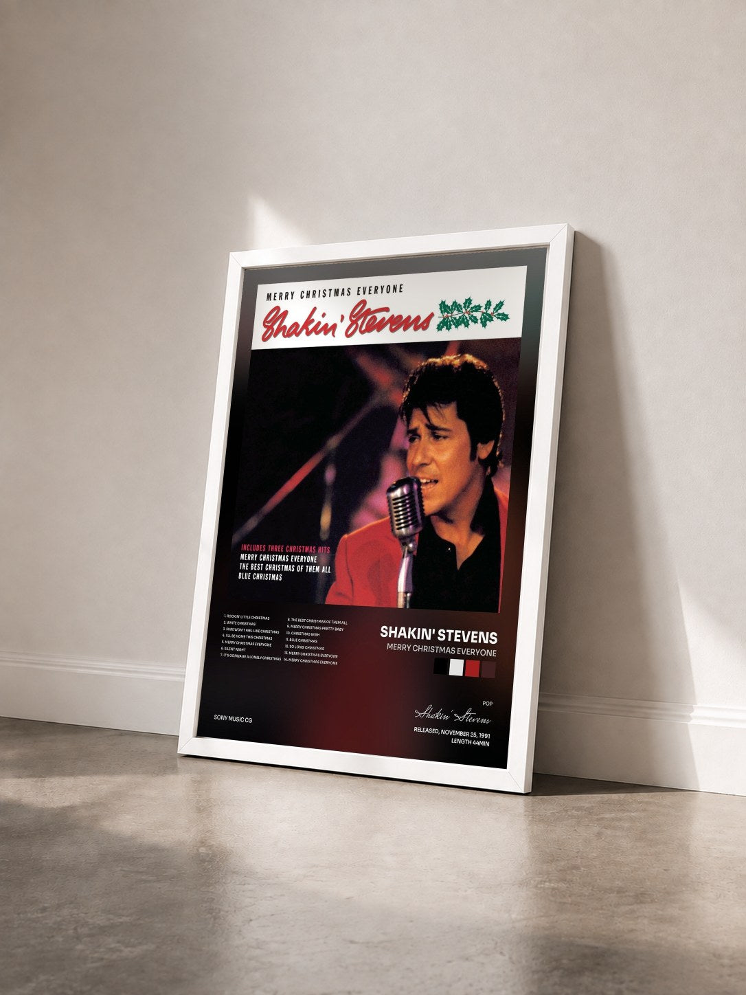 #blanc Tableau de l'album Merry Christmas Everyone de Shakin' Stevens vu de trois quarts, cadre blanc