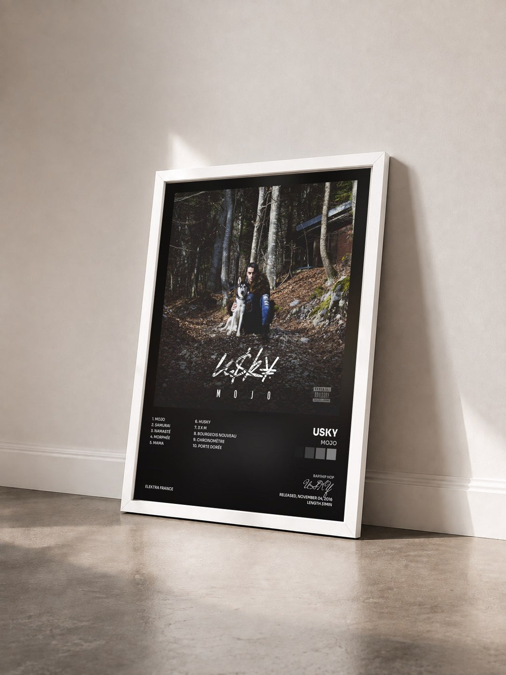 #blanc Tableau de l'album Mojo de USKY vu de trois quarts, cadre blanc