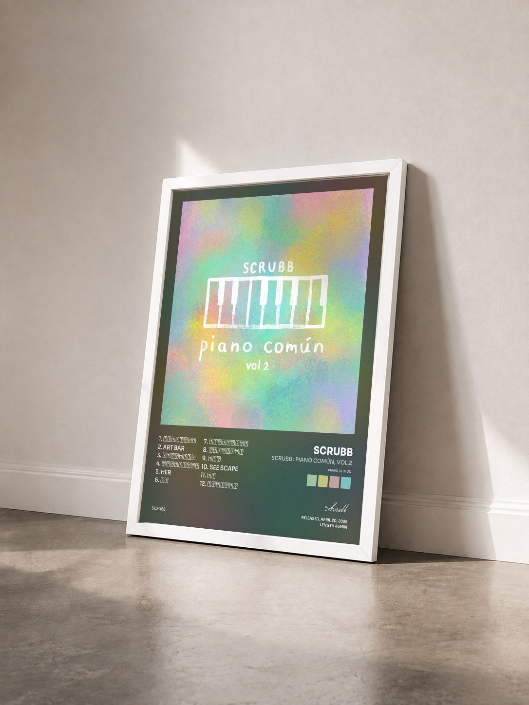#blanc Tableau de l'album SCRUBB : Piano Común, Vol.2 (Piano común) de Scrubb vu de trois quarts, cadre blanc