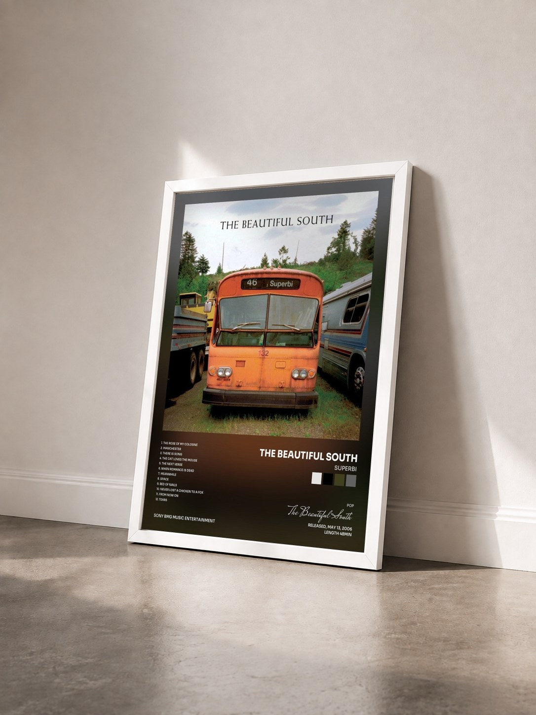 #blanc Tableau de l'album Superbi de The Beautiful South vu de trois quarts, cadre blanc