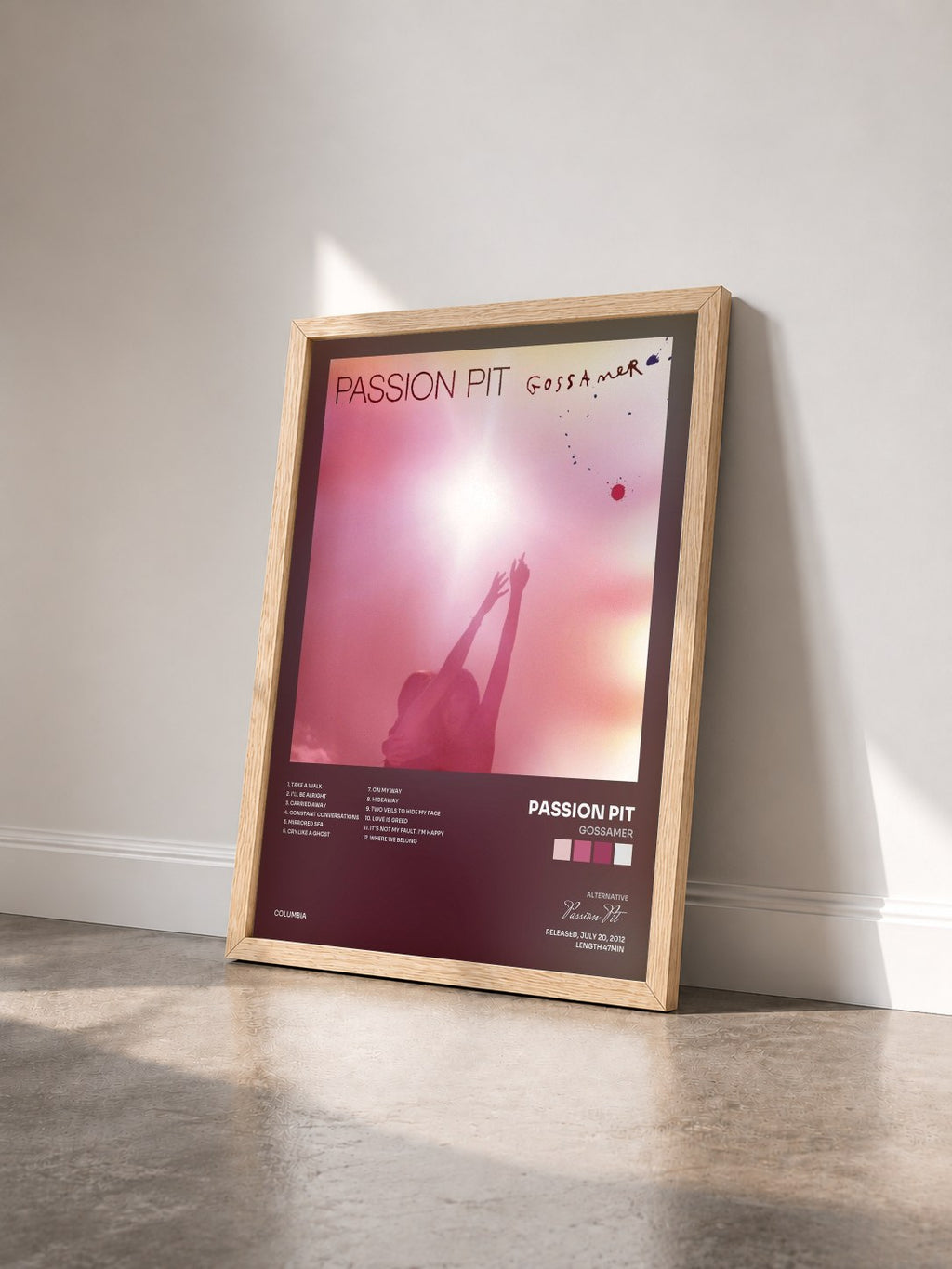 #bois Tableau de l'album Gossamer de Passion Pit vu de trois quarts, cadre en bois brut