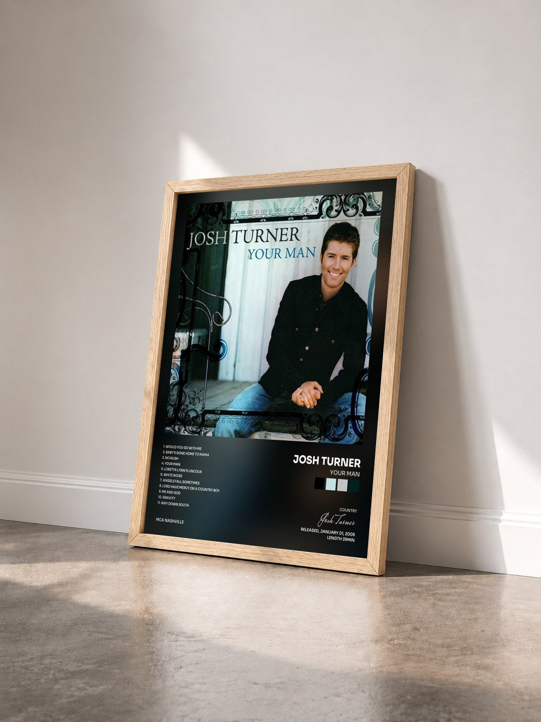 #bois Tableau de l'album Your Man de Josh Turner vu de trois quarts, cadre en bois brut