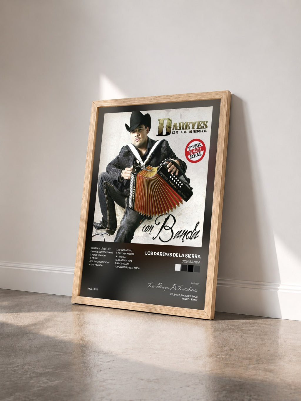 #bois Tableau de l'album Con Banda de Los Dareyes De La Sierra vu de trois quarts, cadre en bois brut