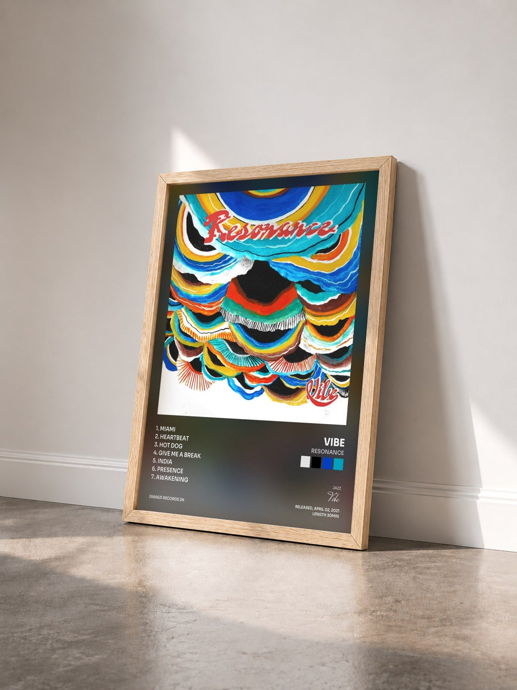 #bois Tableau de l'album Resonance de Vibe vu de trois quarts, cadre en bois brut