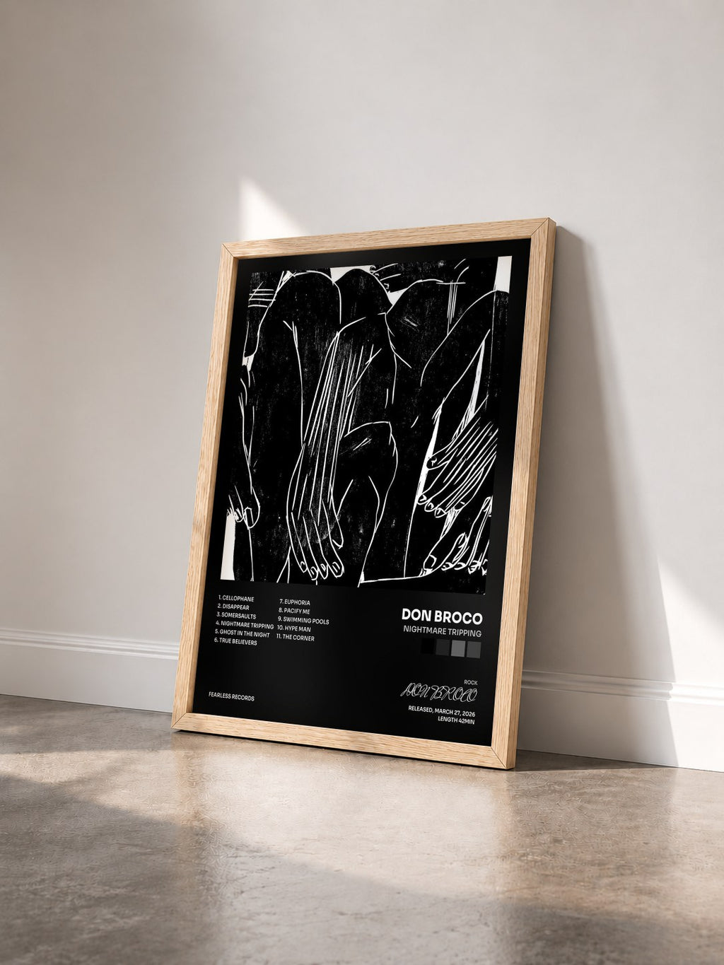 #bois Tableau de l'album Nightmare Tripping de DON BROCO vu de trois quarts, cadre en bois brut