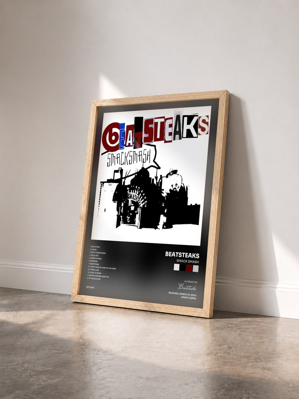 #bois Tableau de l'album Smack Smash de Beatsteaks vu de trois quarts, cadre en bois brut