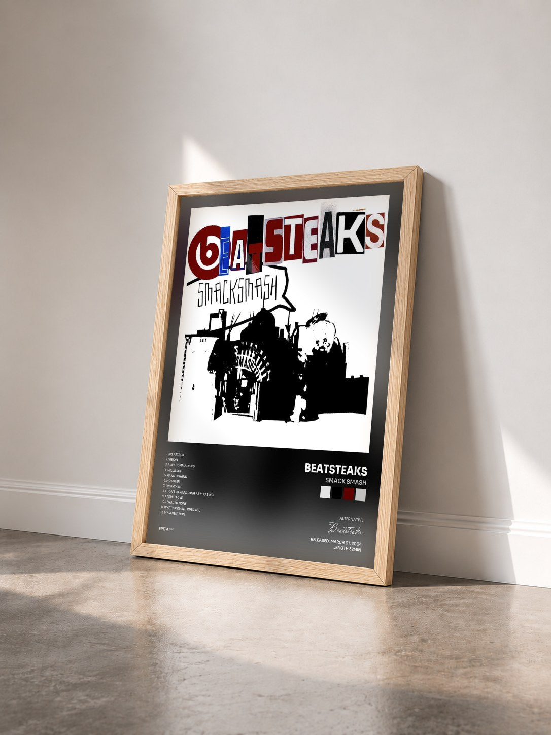 #bois Tableau de l'album Smack Smash de Beatsteaks vu de trois quarts, cadre en bois brut