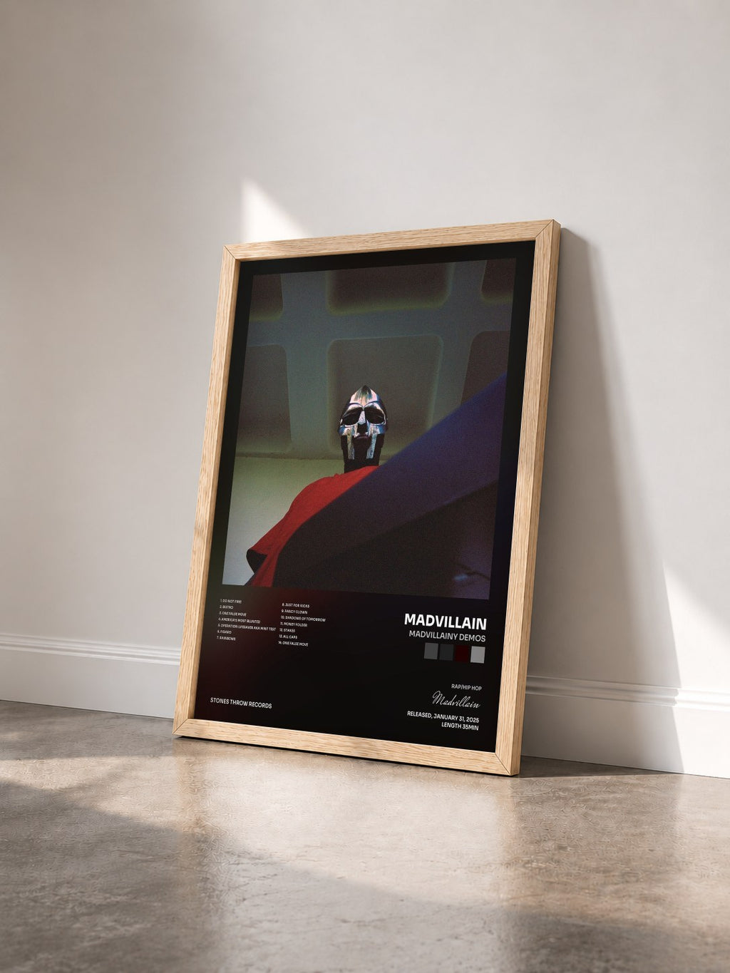 #bois Tableau de l'album Madvillainy Demos de Madvillain vu de trois quarts, cadre en bois brut