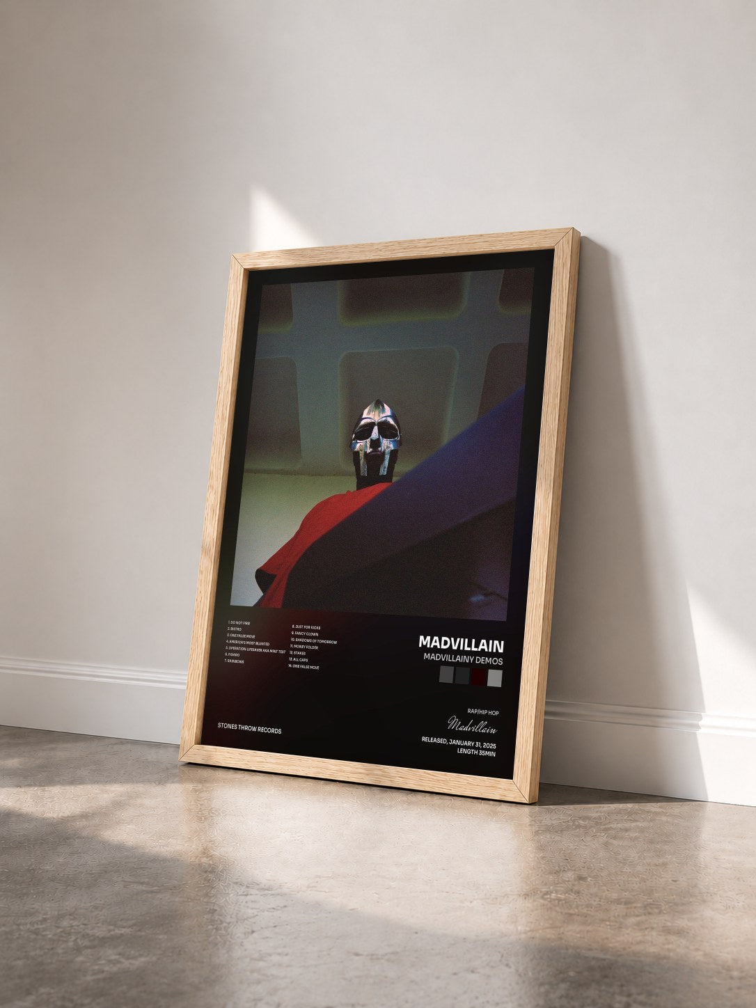 #bois Tableau de l'album Madvillainy Demos de Madvillain vu de trois quarts, cadre en bois brut