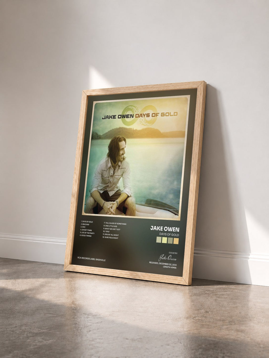 #bois Tableau de l'album Days of Gold de Jake Owen vu de trois quarts, cadre en bois brut