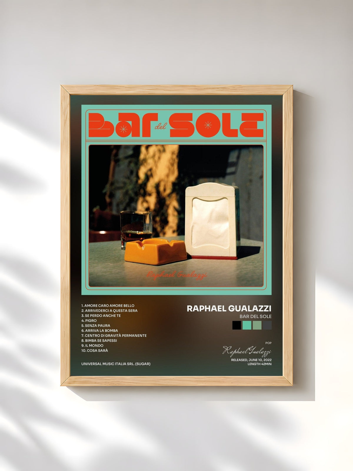 #bois Tableau de l'album BAR DEL SOLE de Raphael Gualazzi, cadre en bois brut, imprimé et encadré en France