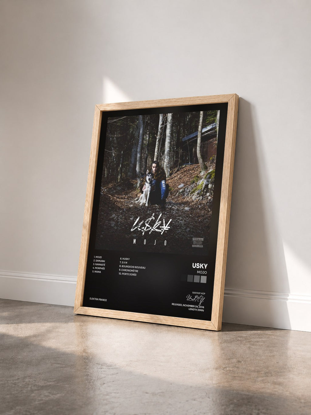 #bois Tableau de l'album Mojo de USKY vu de trois quarts, cadre en bois brut