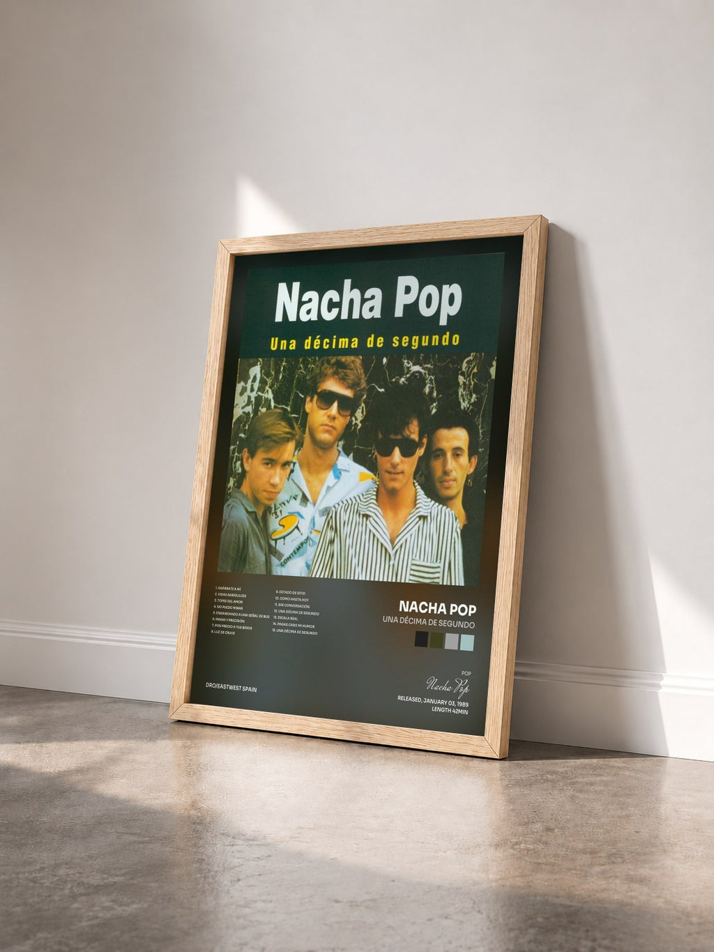#bois Tableau de l'album Una Décima de Segundo de Nacha Pop vu de trois quarts, cadre en bois brut
