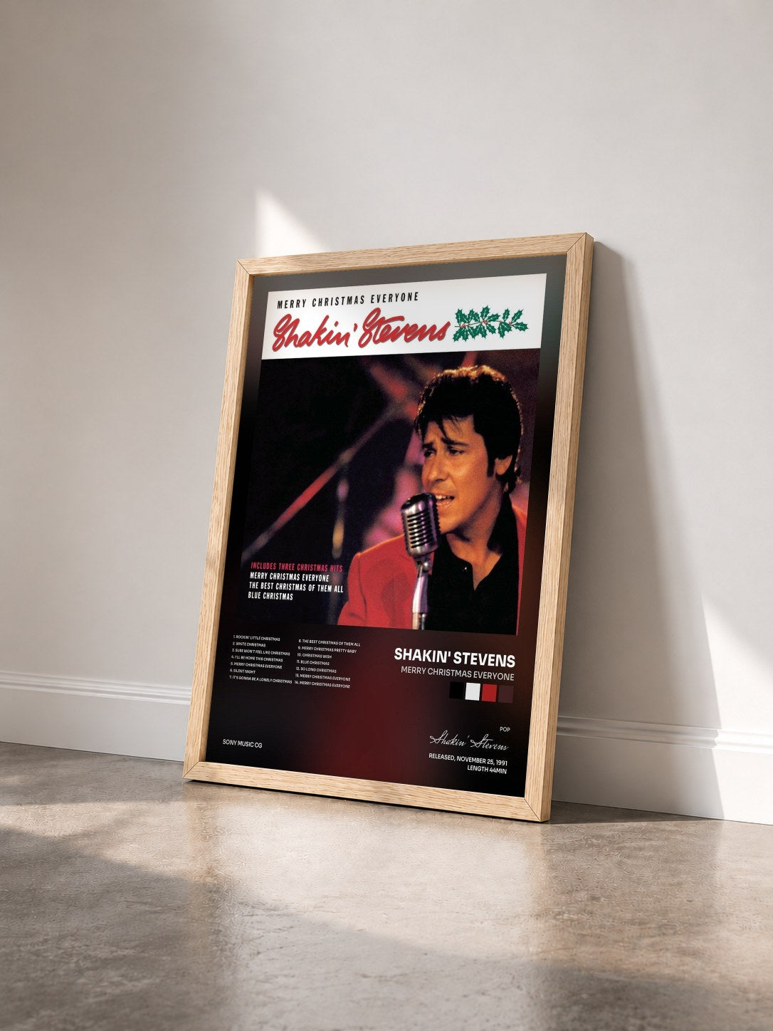 #bois Tableau de l'album Merry Christmas Everyone de Shakin' Stevens vu de trois quarts, cadre en bois brut