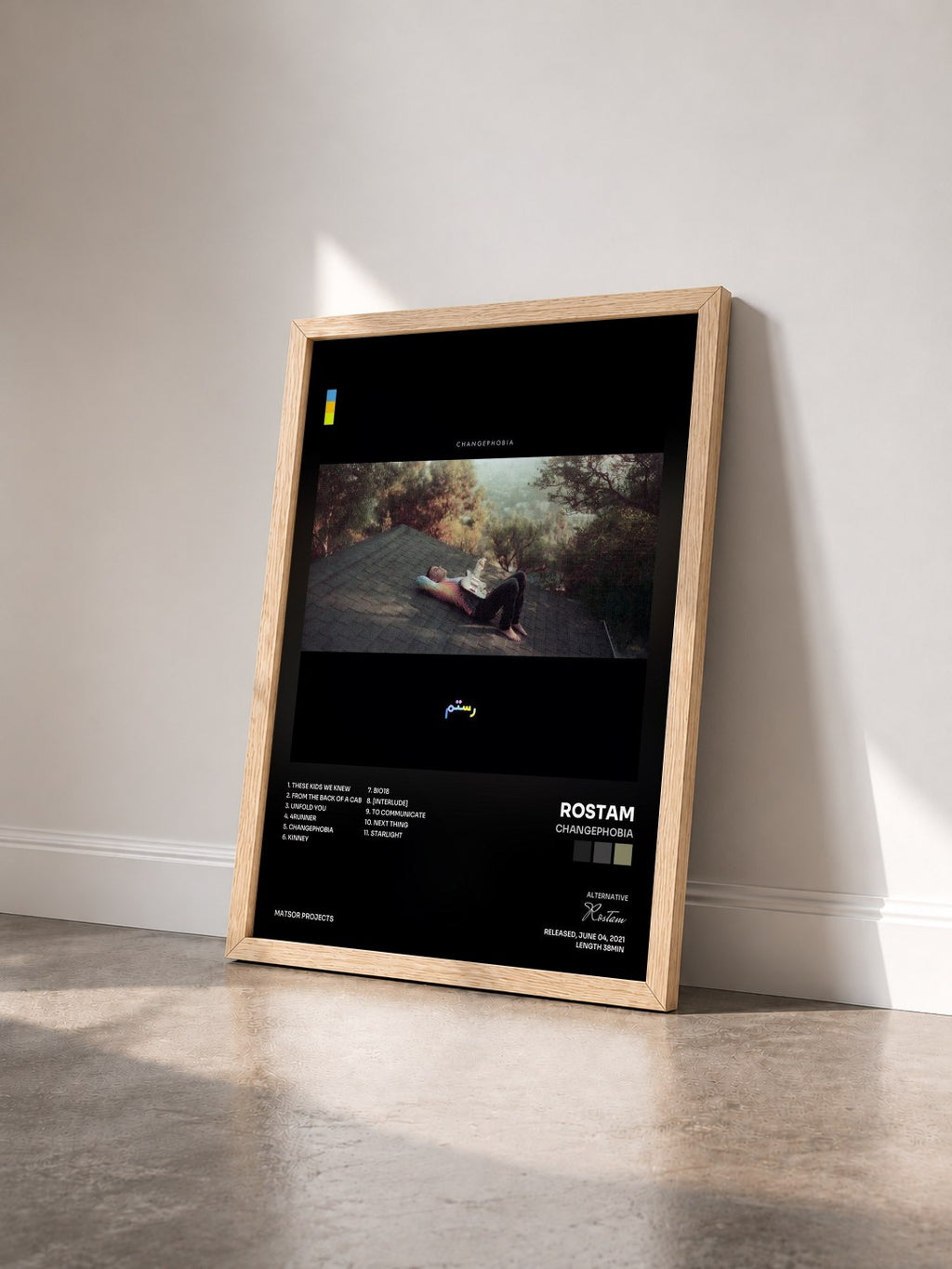 #bois Tableau de l'album Changephobia de Rostam vu de trois quarts, cadre en bois brut