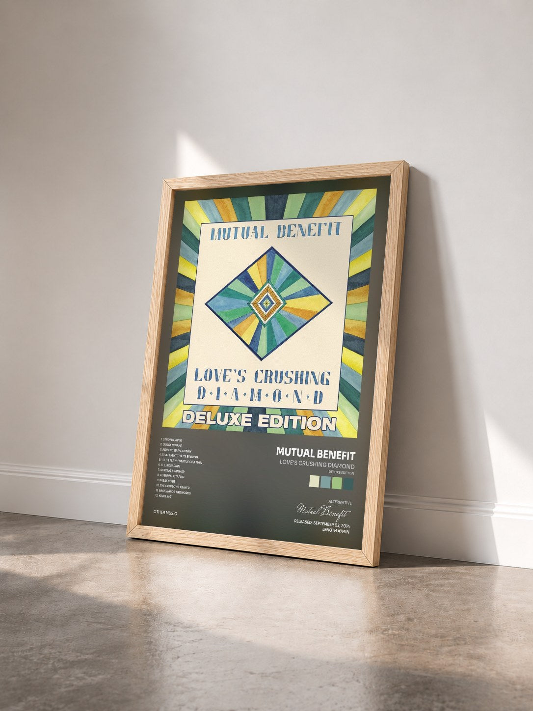 #bois Tableau de l'album Love's Crushing Diamond (Deluxe Edition) de Mutual Benefit vu de trois quarts, cadre en bois brut