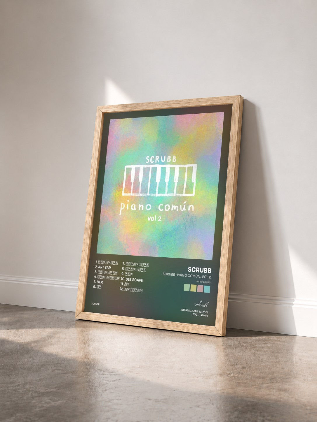#bois Tableau de l'album SCRUBB : Piano Común, Vol.2 (Piano común) de Scrubb vu de trois quarts, cadre en bois brut