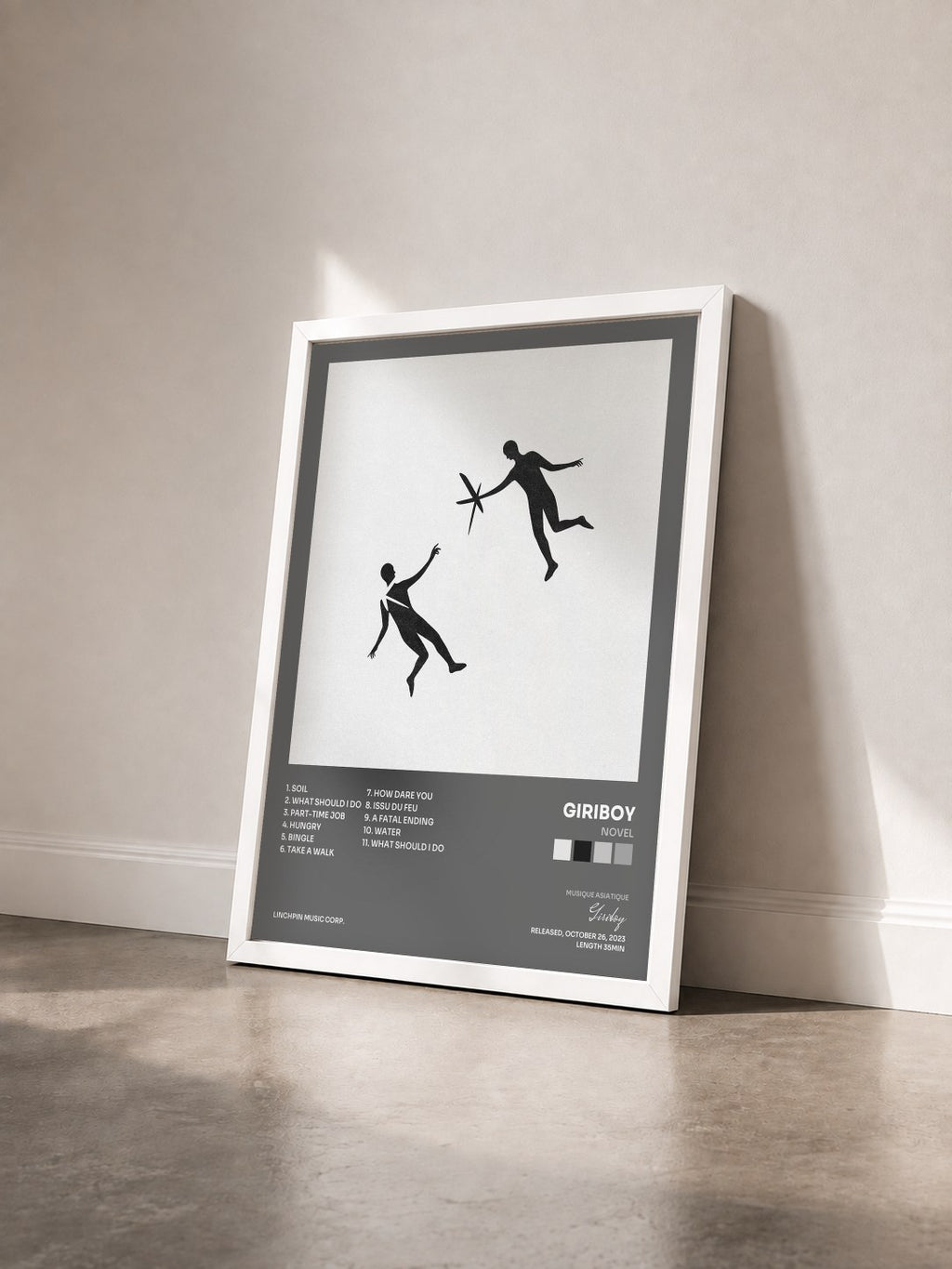 #blanc Tableau de l'album Novel de Giriboy vu de trois quarts, cadre blanc