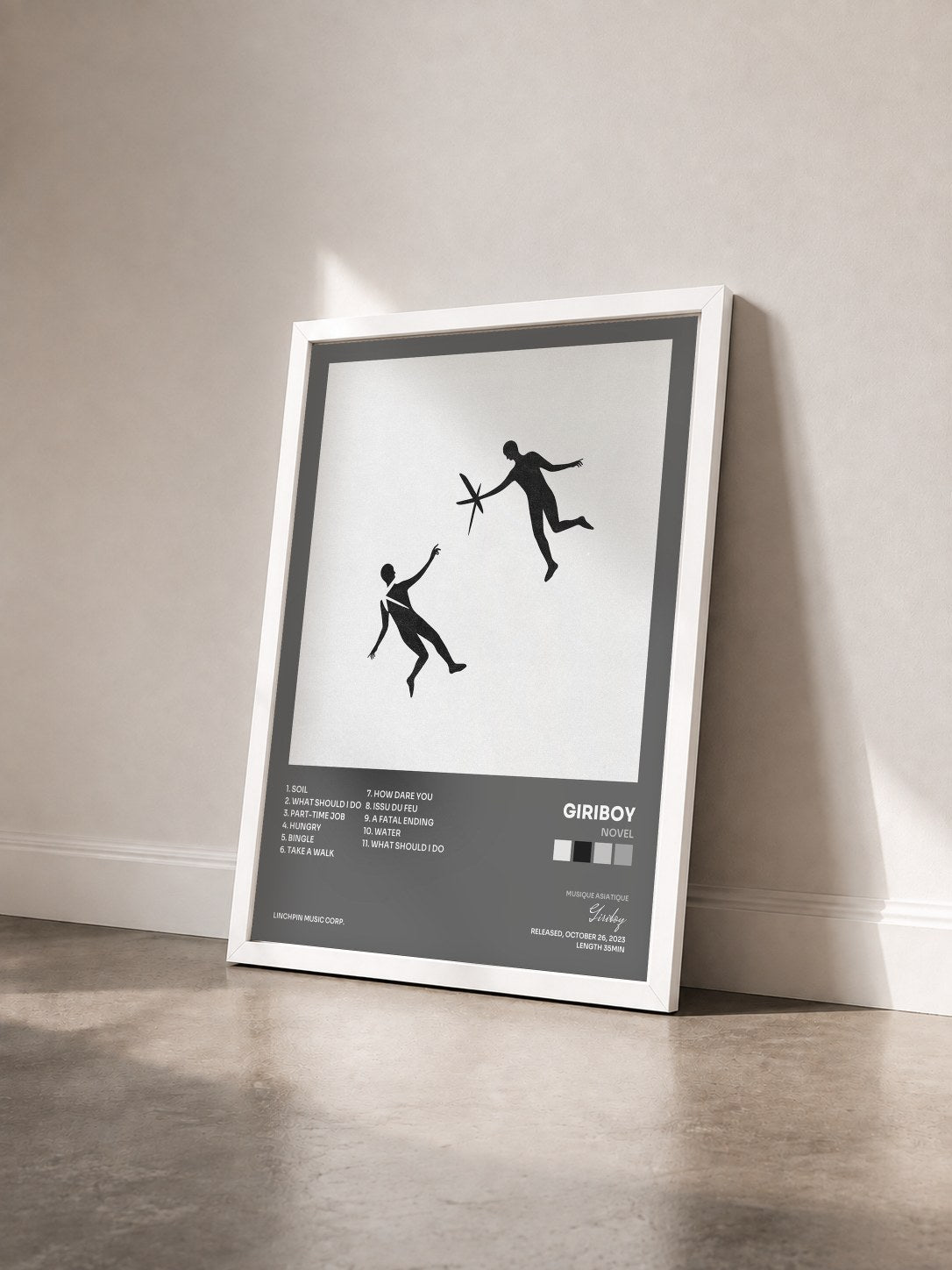 #blanc Tableau de l'album Novel de Giriboy vu de trois quarts, cadre blanc