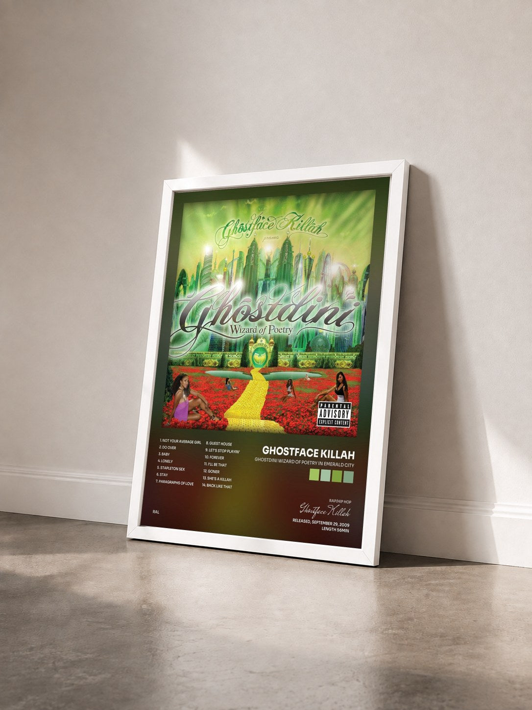 #blanc Tableau de l'album Ghostdini Wizard Of Poetry In Emerald City de Ghostface Killah vu de trois quarts, cadre blanc