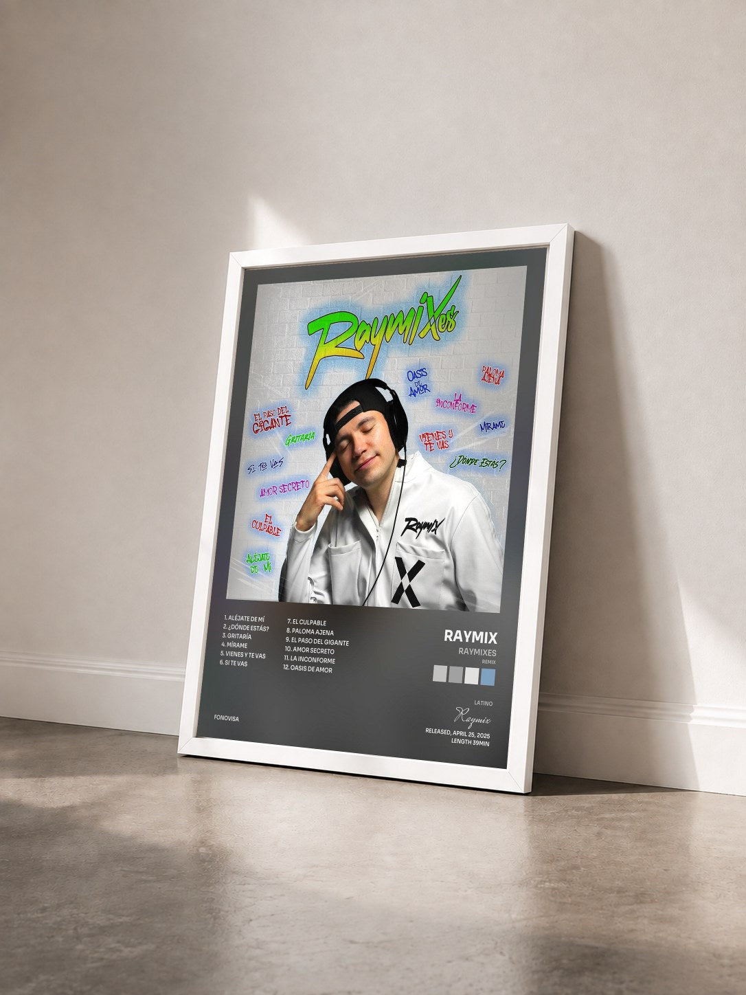 #blanc Tableau de l'album RAYMIXes (Remix) de Raymix vu de trois quarts, cadre blanc