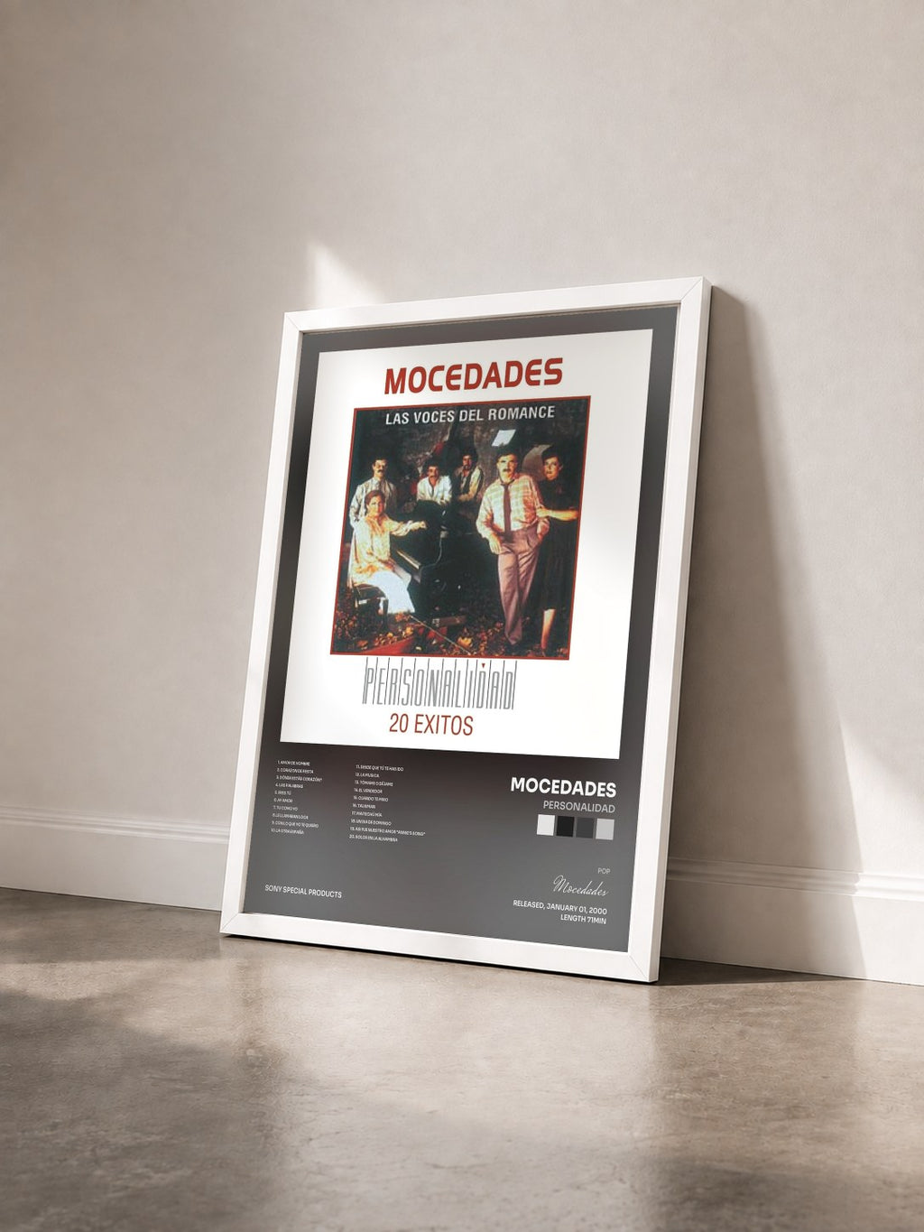 #blanc Tableau de l'album Personalidad de Mocedades vu de trois quarts, cadre blanc